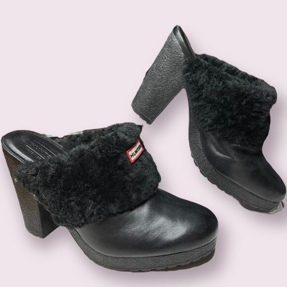 Hunter Black Fleece Shearling Leather Mules - Picture 3 of 8